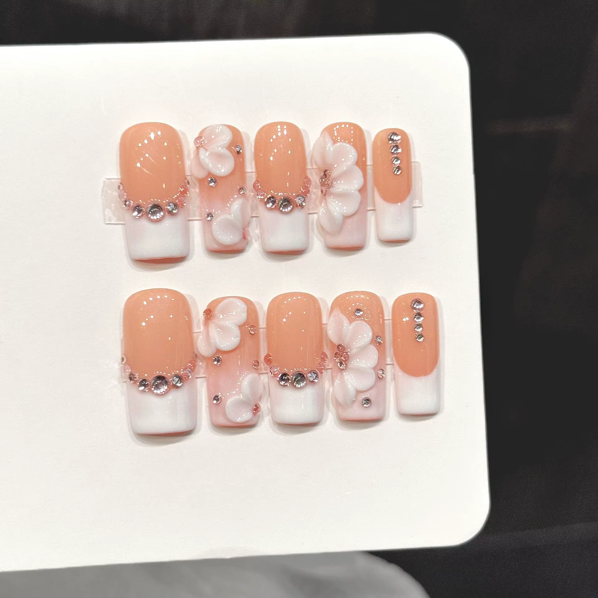 10 pièces de faux ongles carrés longs pressés à la main, jolis faux ongles, couleur estivale vive, b