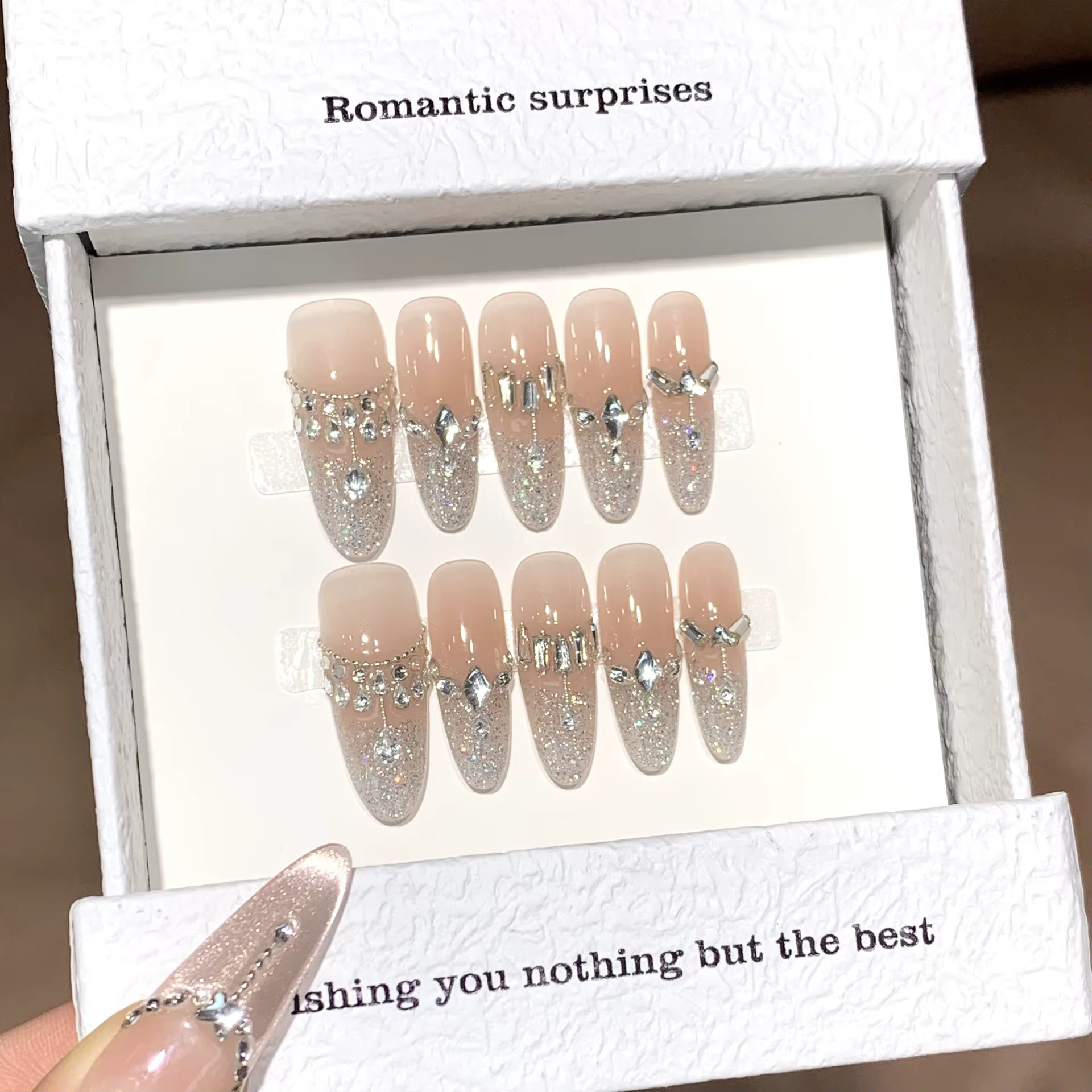 10 pièces à la main brillant diamant presse sur ongles paillettes rose arc décor faux ongles mariage