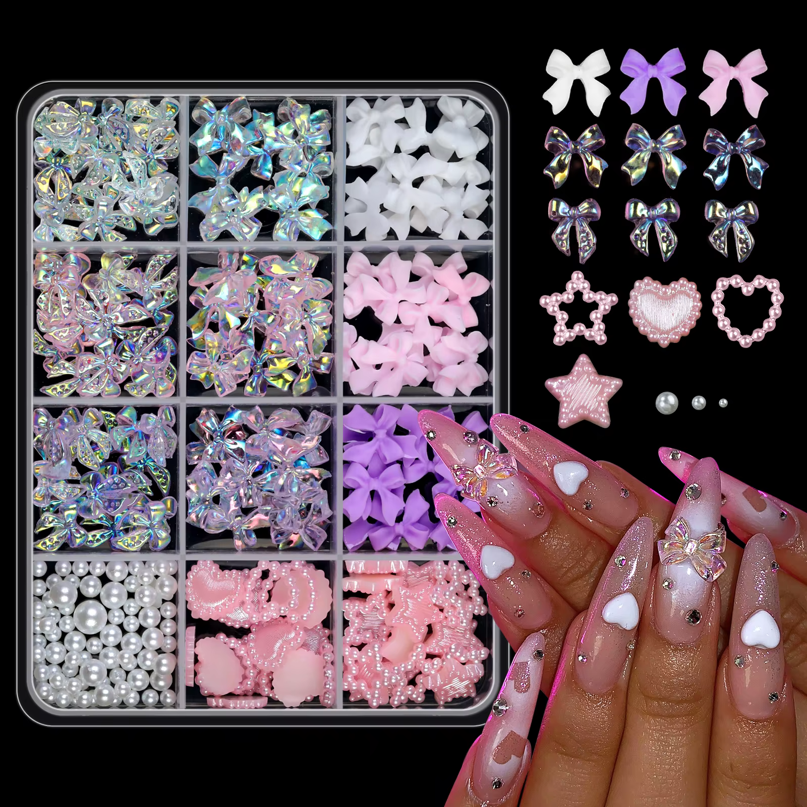 12 grilles mélangées de couleurs 3D, nœud en résine, perle, cœur, dos plat, diamant, décoration Nail