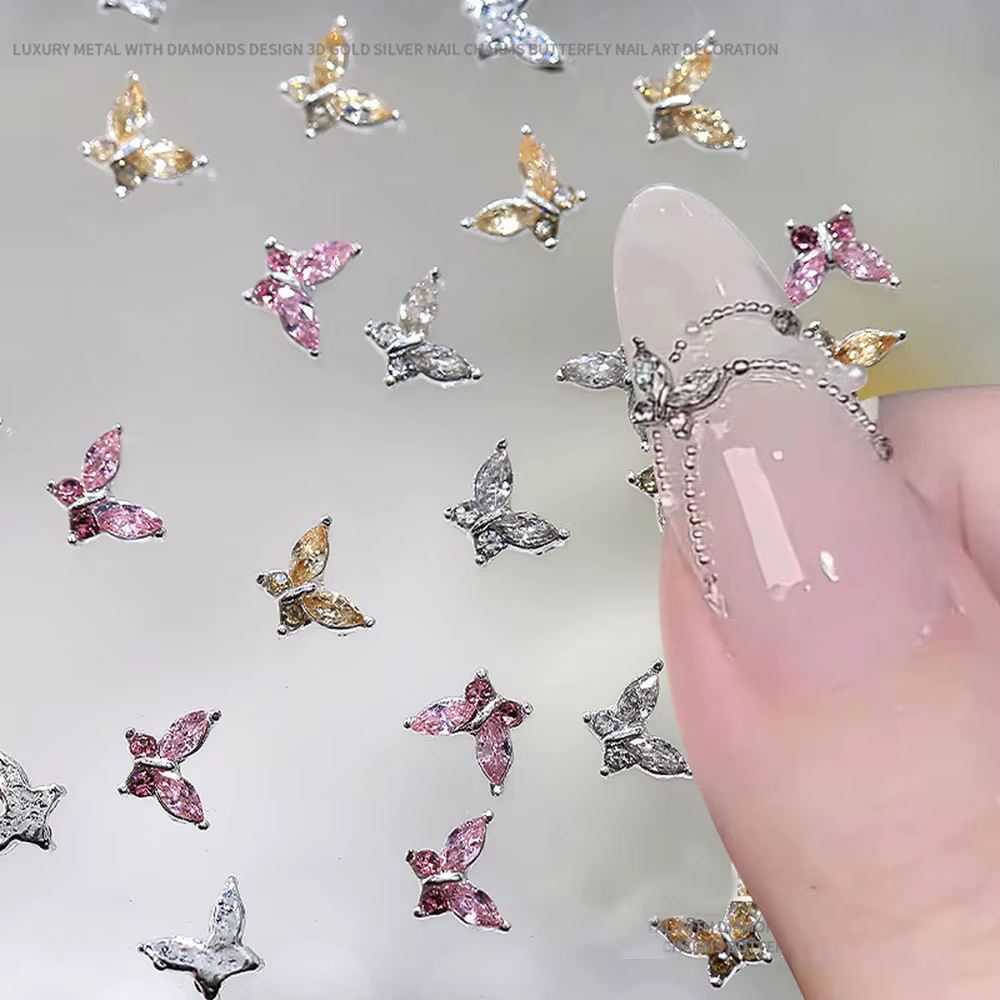 Mini breloques papillon en cristal pour Nail Art, diamant 3D, pièces de bijoux, rose, métal clair, m