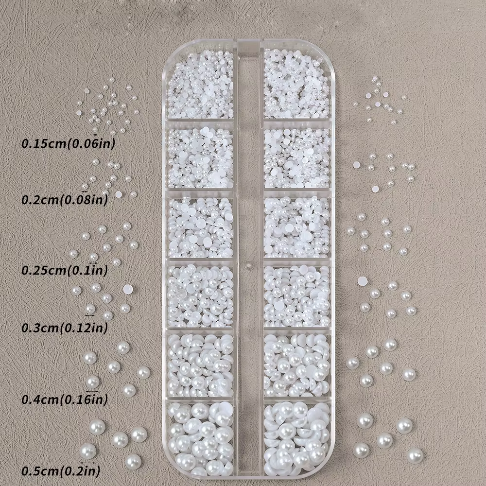 12 grilles de perles blanches 3D, breloques pour ongles, 1.5-5mm, perles rondes/demi-rondes, strass,