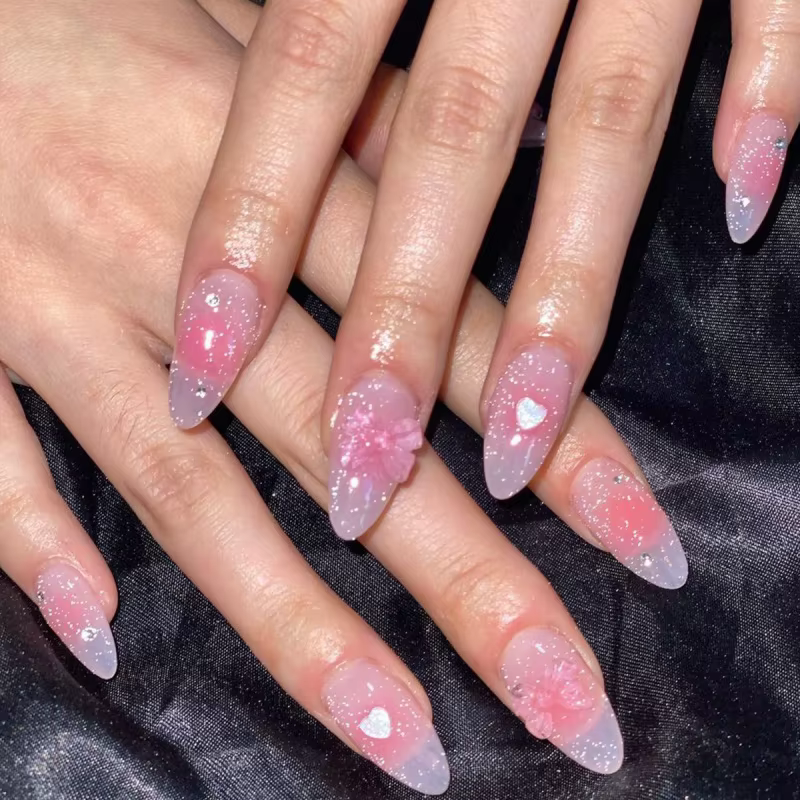 24 pièces faux ongles français fini amande ongles ensembles avec nœud doré conception faux ongles Ar