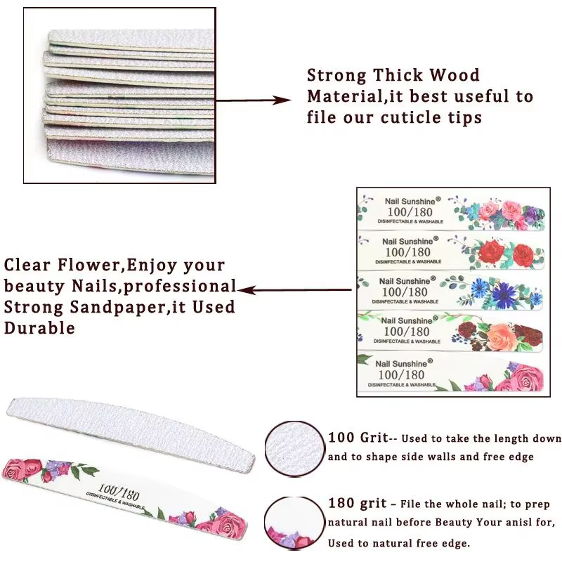10 pièces Lot limes à ongles professionnelles 100/180 grain bois fort papier de verre émeri double f