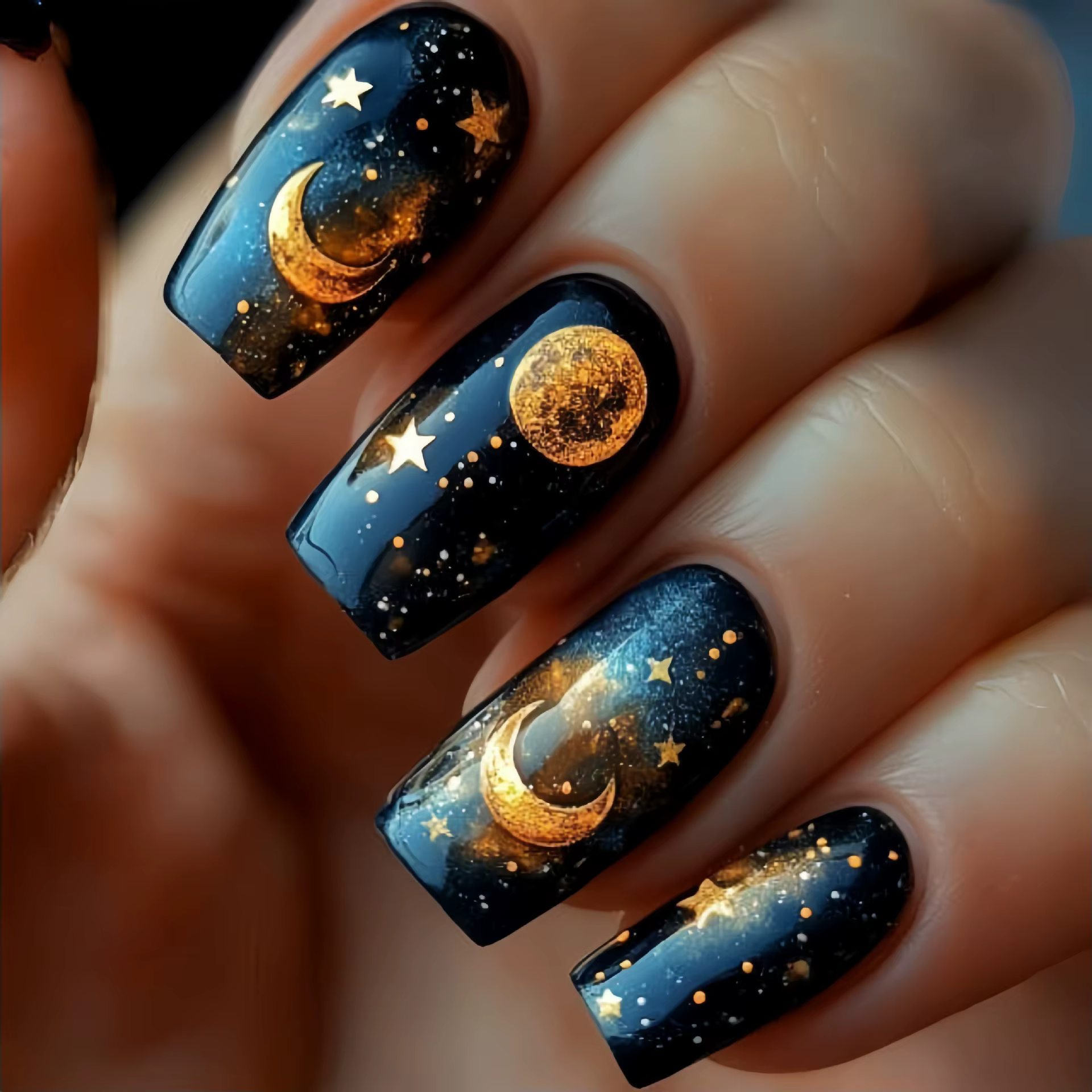 24 pièces/ensemble faux ongles mi-longs carrés ballet ongles conseils paillettes ciel étoilé lune ét