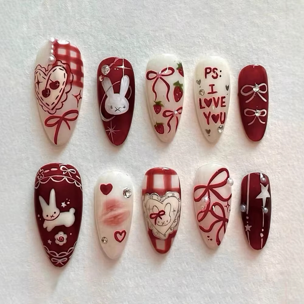 30 pièces papillon dessin animé lapin presse sur ongles moyen amande faux vin rouge amande strass pe