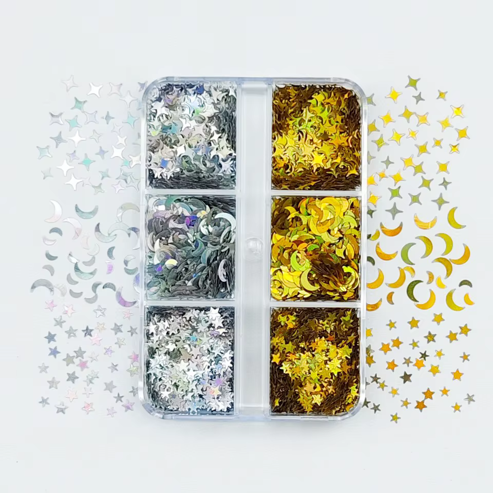 6 grilles brillant Nightsky ongles ornement flocons Chrome Holo argent or étoiles paillettes ensembl