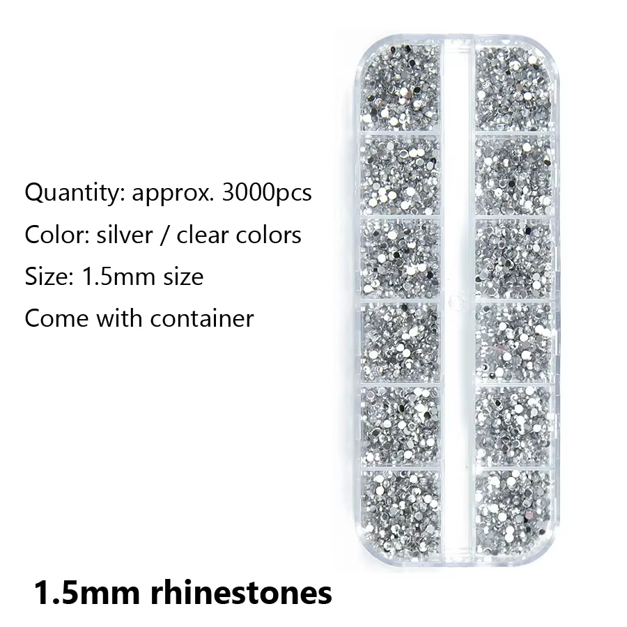 Strass argentés transparents de 1.5mm, 3000 pièces, pierres précieuses pour ongles à dos plat, avec 