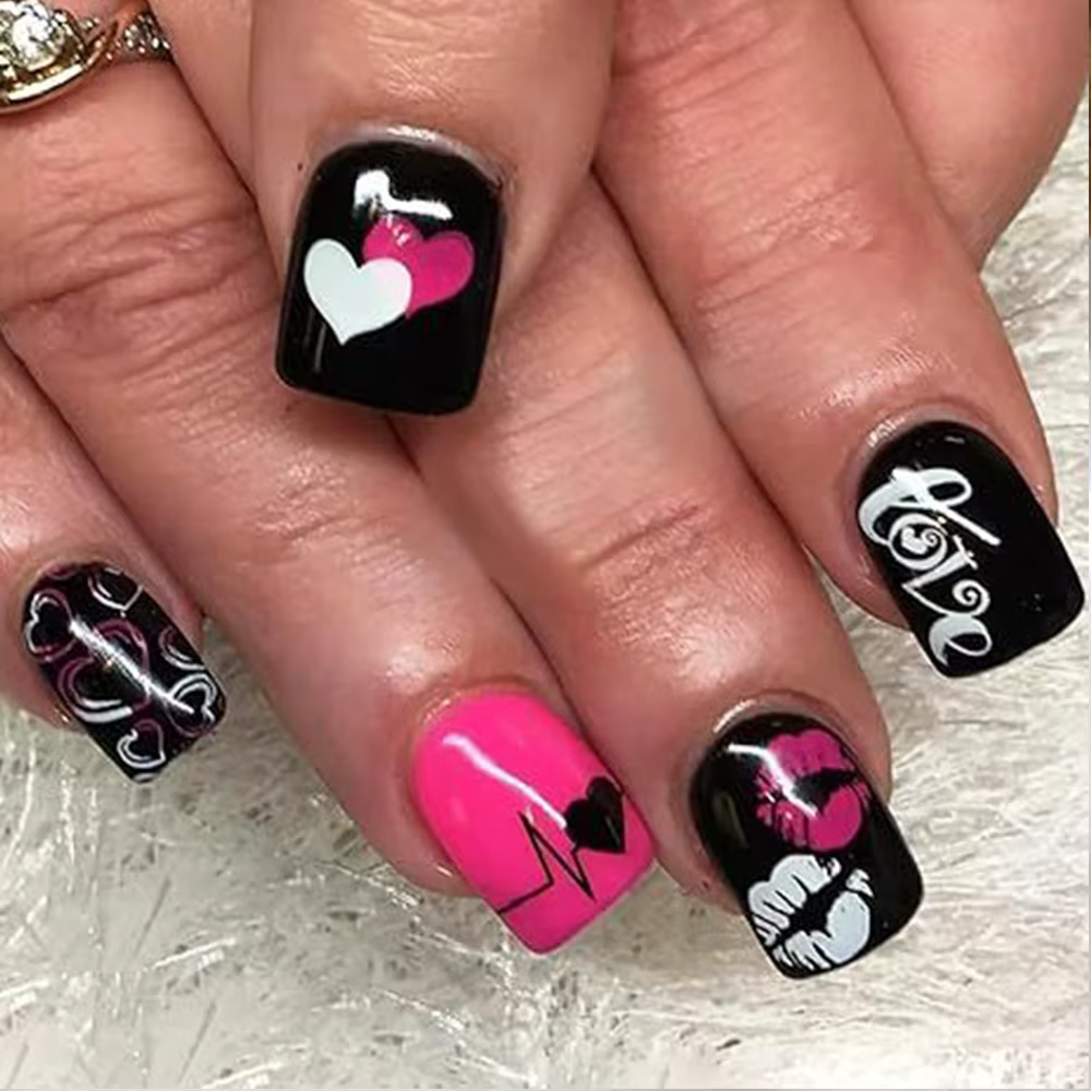 Y2K – faux ongles français noirs pour filles, 24 pièces, courts, carrés, à pression, rose, amour, cœ