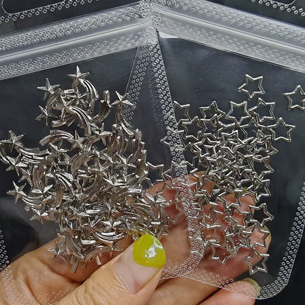 Breloques étoiles argentées pour ongles, bijoux métalliques 3D, gemmes météores évidées, décorations