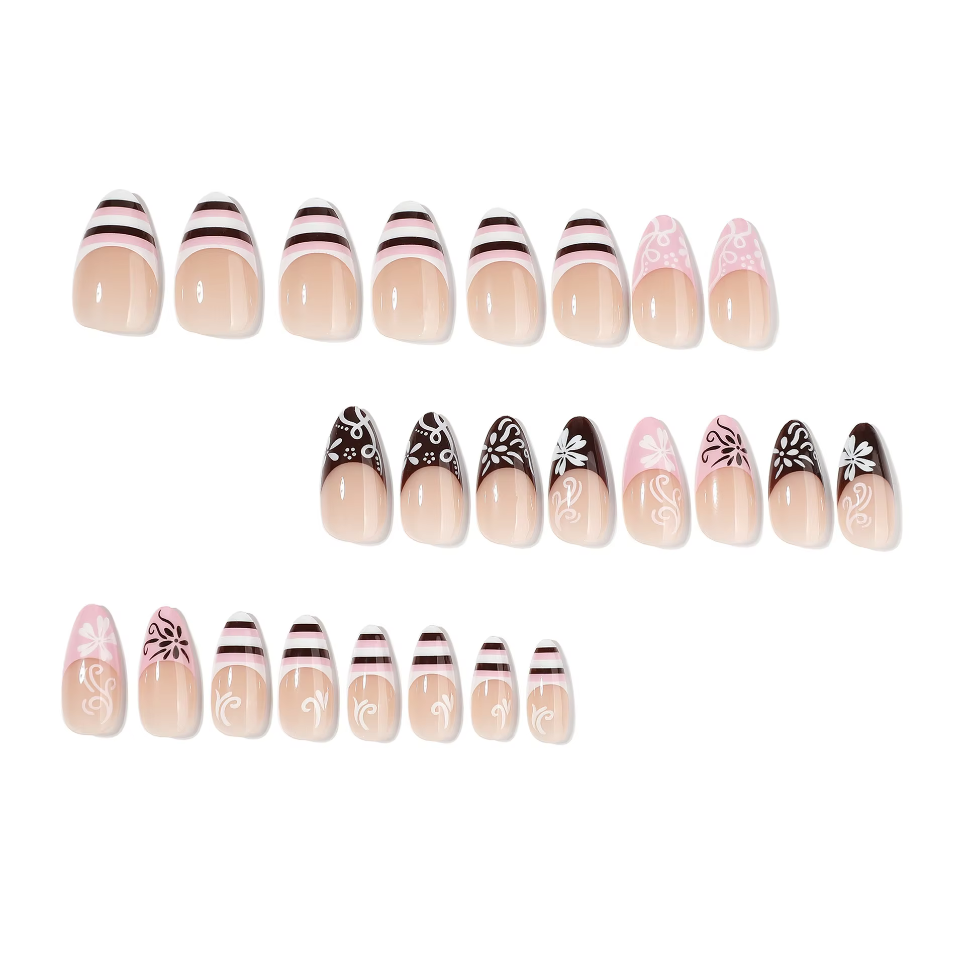 Pointes d'ongles rayées de style français, forme amande, design simple, faux ongles portables, acces