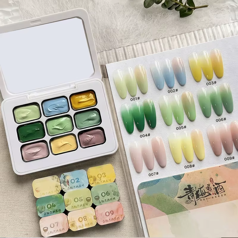 Vernis Gel Solide Série Verte 9 Couleurs avec Effet Dégradé, Gel UV pour Ongles, Charme DIY pour Nai