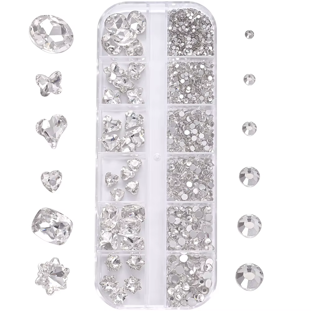 1 boîte de strass 3D transparents pour Nail Art, 12 formes ovales mixtes, papillon, cœur, fleur, bre