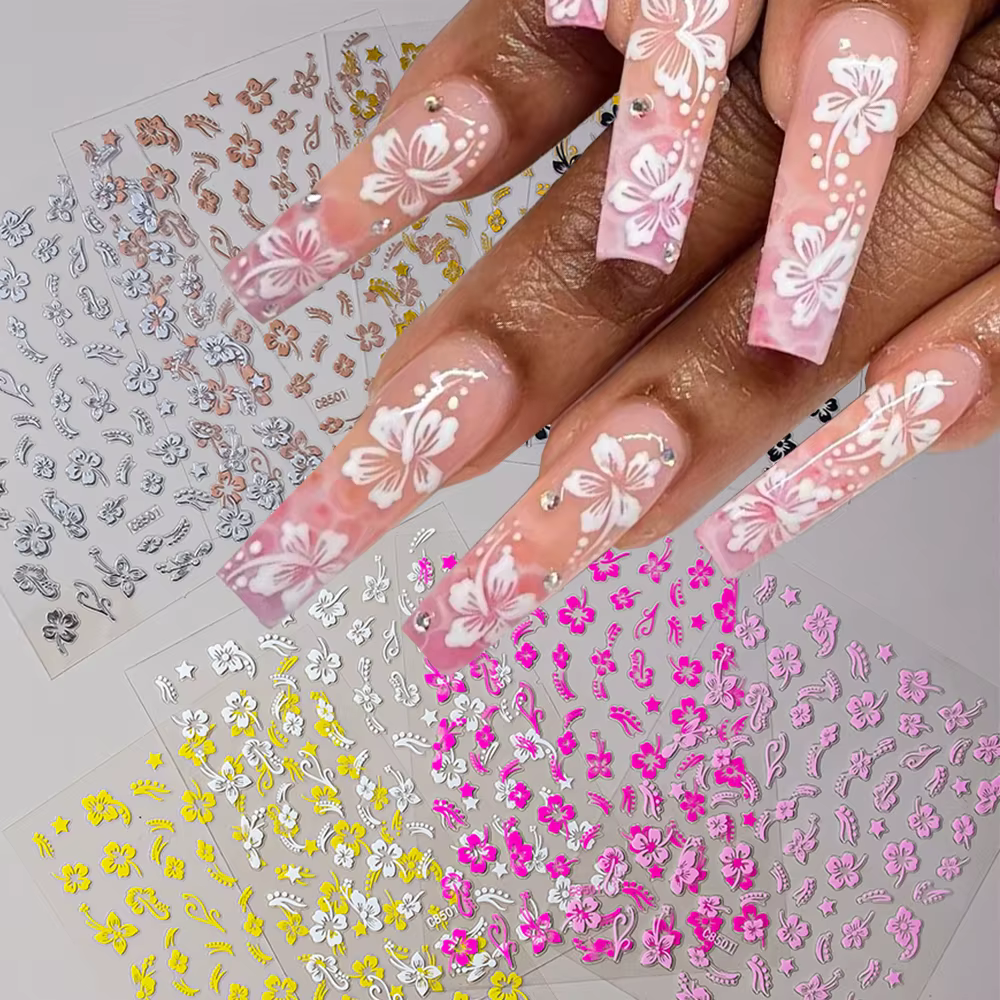 Autocollant en relief pour ongles, fleur d'hibiscus 5D, fleur en dentelle, pétale blanc rose, Floral
