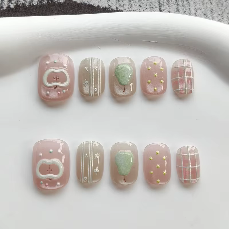 10 faux ongles press-on faits à la main, motif tulipe et perle, couvrance totale, pour femmes et jeu