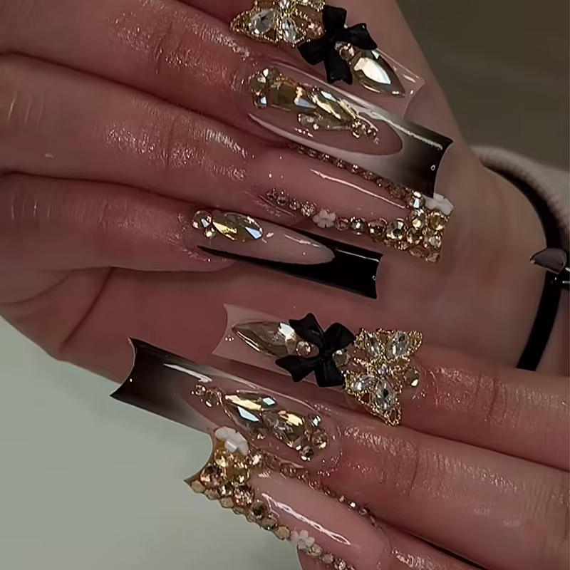 24 pièces longue tête carrée française presse sur faux ongles 3D fleur bleue strass conception couve