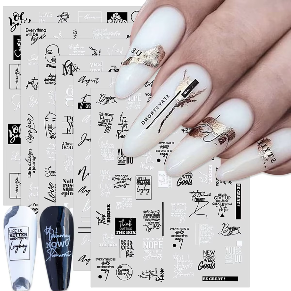 Autocollants pour ongles avec lettres anglaises noires et blanches, 6 feuilles, autocollants pour on