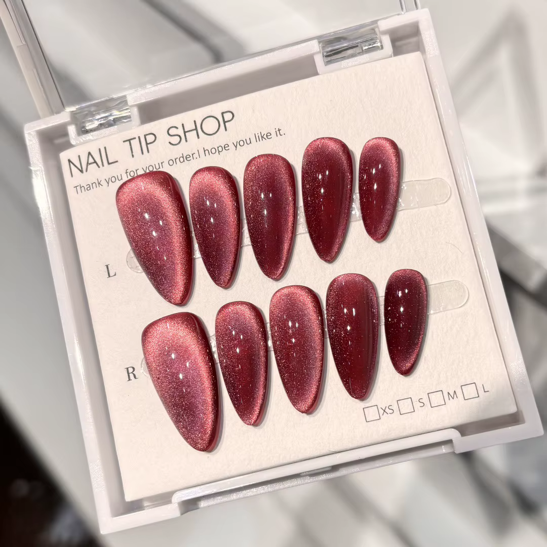 Lot de 10 faux ongles rouges faits à la main, à presser, en acrylique, mi-longs, forme amande, pour 