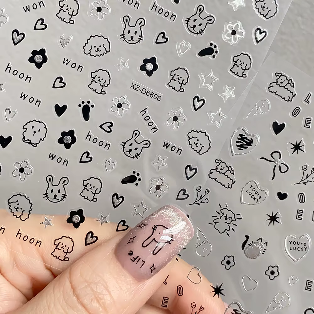 Ensemble d'autocollants pour ongles chat noir, 12 feuilles, dessin animé, Action Multiple, Kawaii, c
