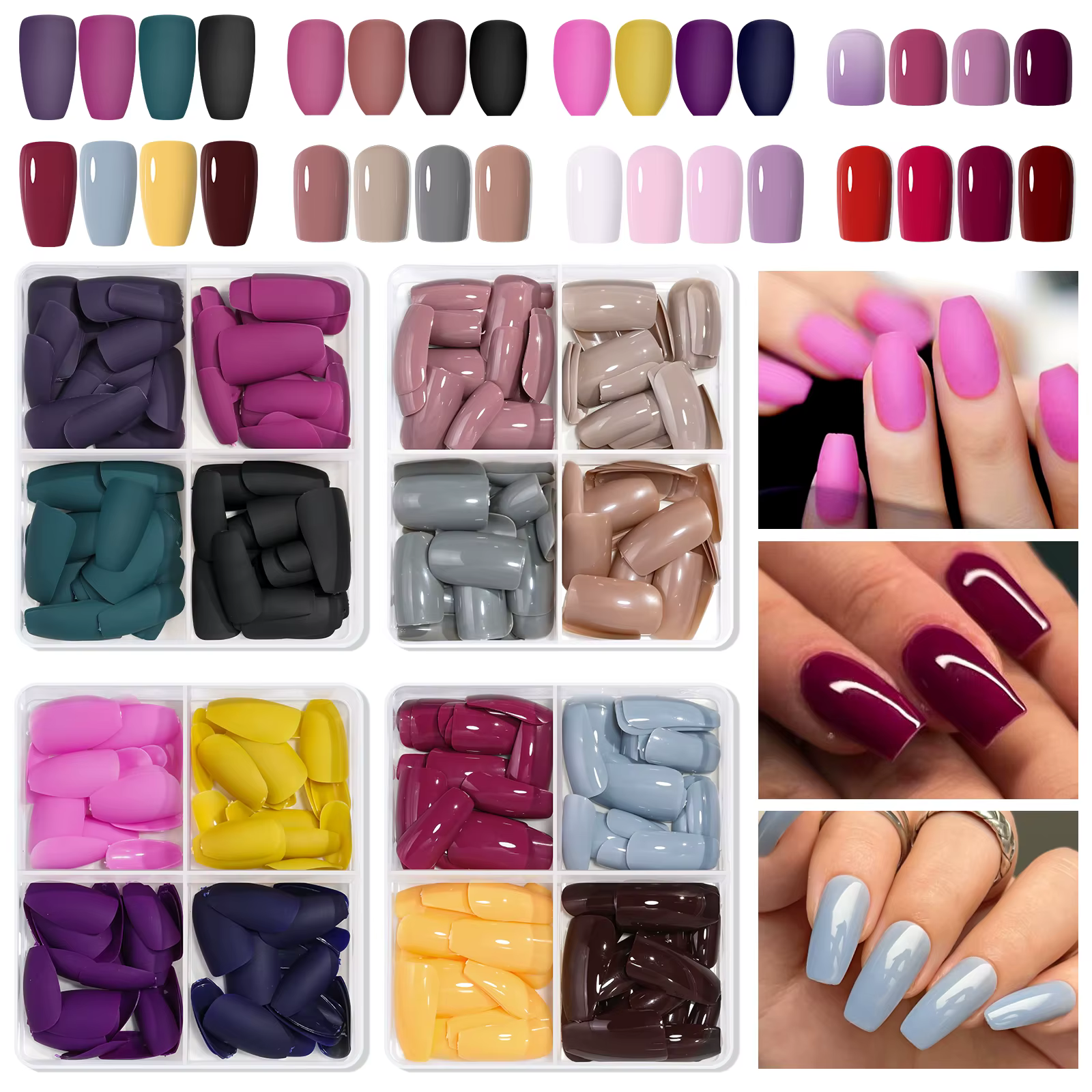 96 pièces en boîte 4 couleurs pointes d'ongles courts Ballet/Coffin/carré couverture complète mat br