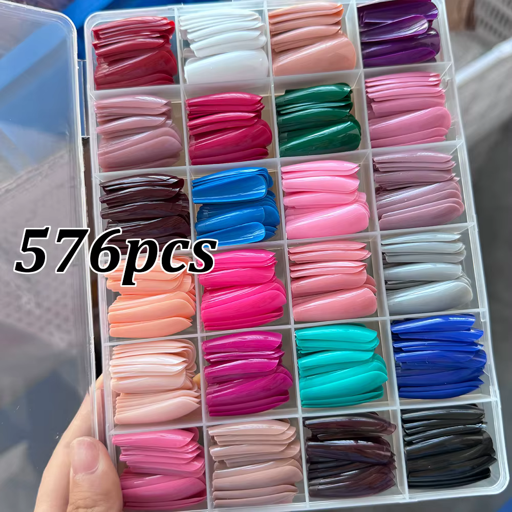 576 pièces/boîte coloré Long cercueil faux ongles brillant doux Gel français ongles conseils Simple