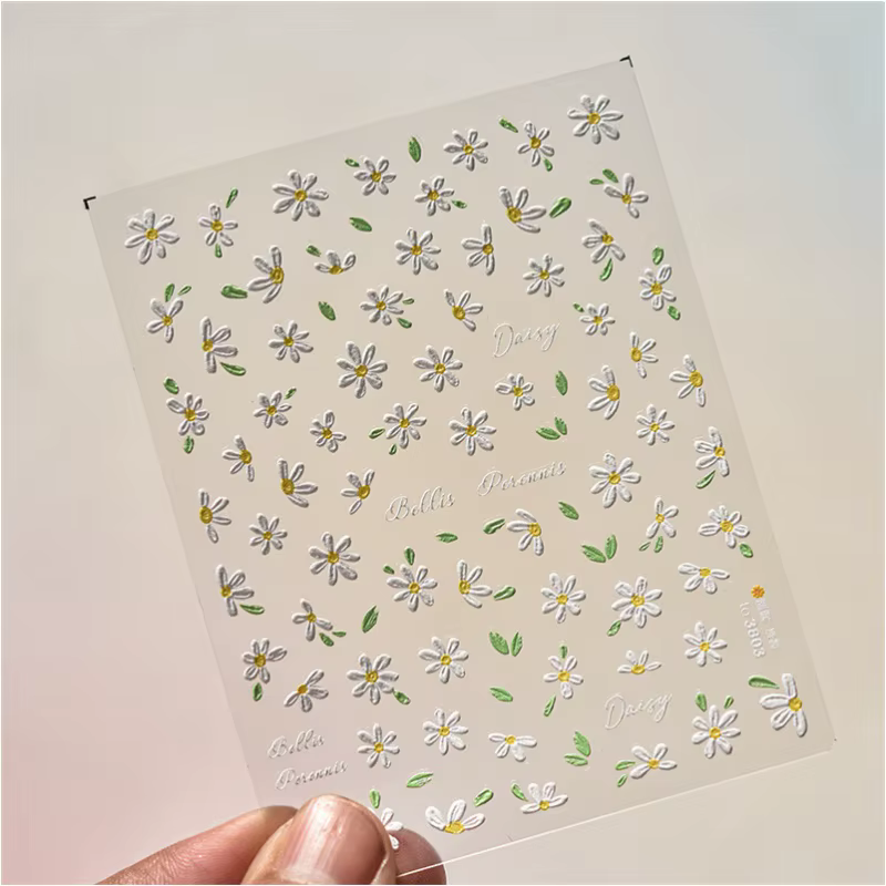 Autocollants pour ongles en relief doux 5D, 1 feuille, marguerites mignonnes, autocollants coulissan