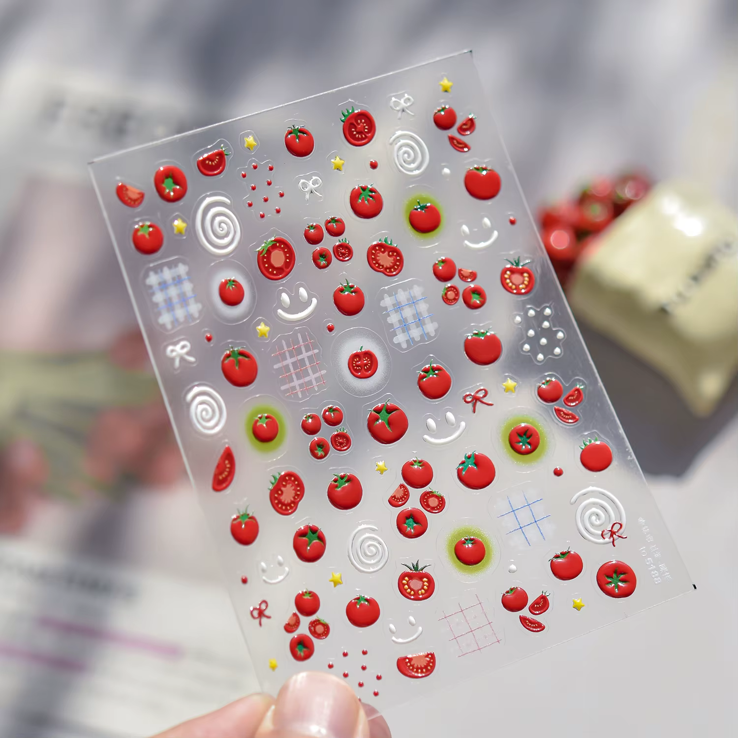 1 autocollant 5D pour nail art, motif tomate juteuse adorable, tomates en gelée de dessin animé, fru