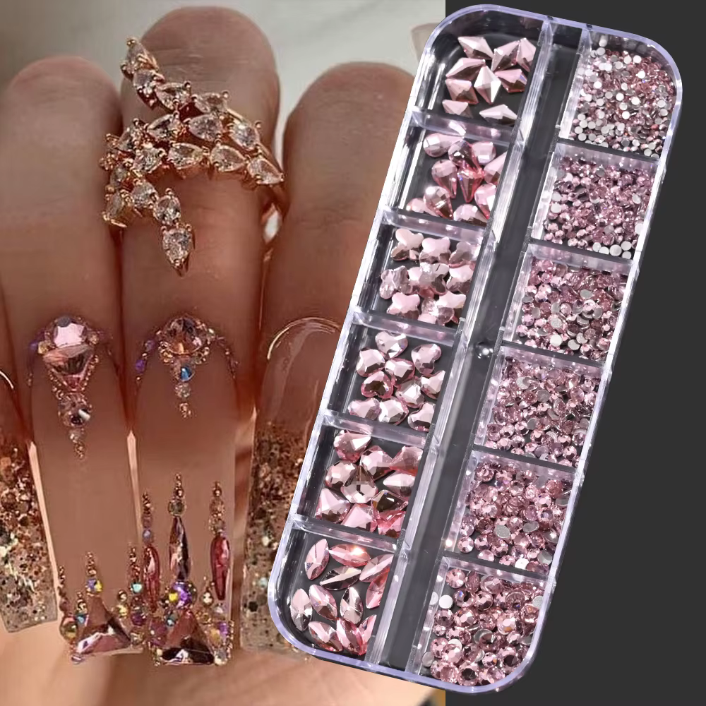 Strass pour Nail Art, 12 grilles, vert, bleu, tailles mixtes, cristal, dos plat, breloques pour ongl