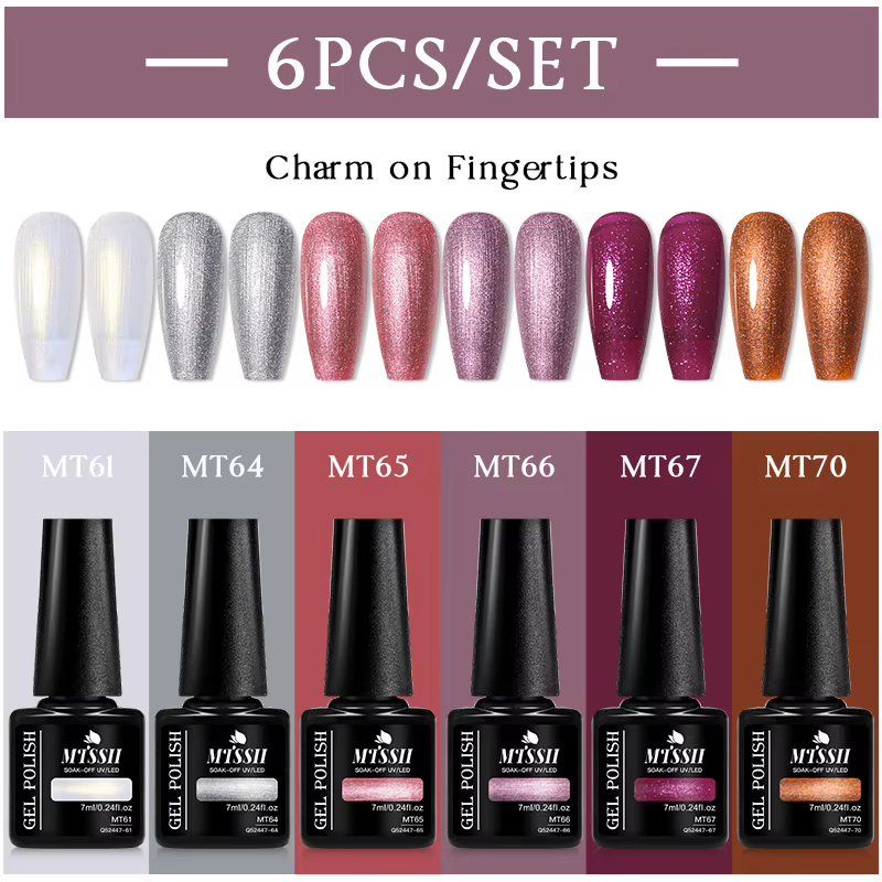 Lot de 6 vernis à ongles gel couleur unie 7ml – Collection Printemps-Été – Paillettes Noir Blanc Rou