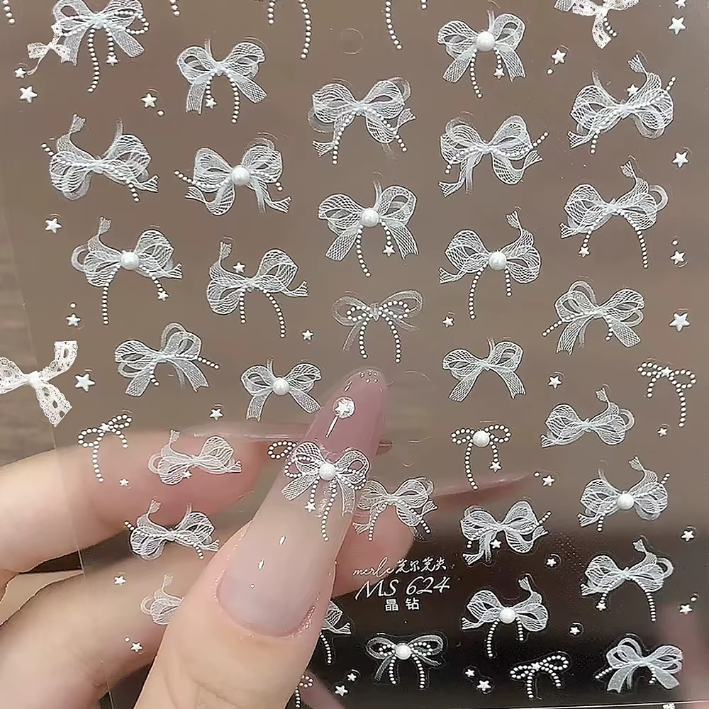 1 pièces 5D blanc dentelle nœud papillon Nail Art autocollant doux perle arc ruban auto-adhésif ongl