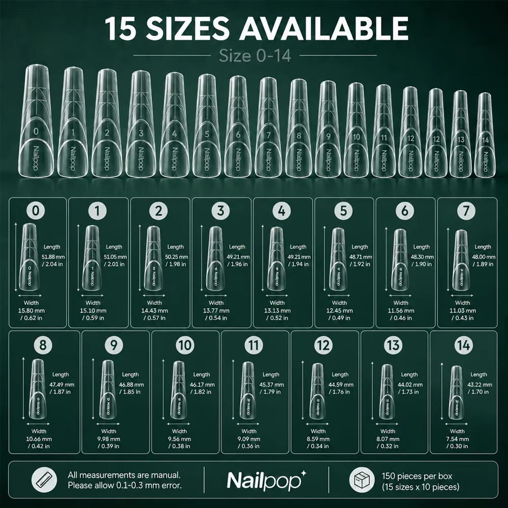 Nailpop 150 pièces Formes Cercueil Double Usage French Transparent 15 Tailles Système de Superpositi