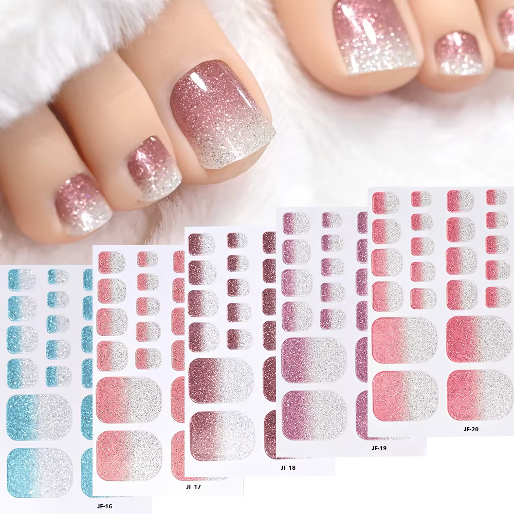 5 feuilles/110 pointes été paillettes orteil ongles autocollants couverture complète ongles envelopp