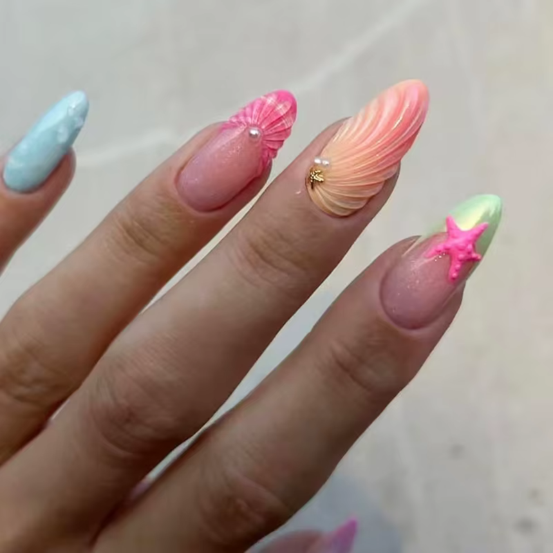 24 pièces amande faux ongles conseils été plage ongles colorés ensembles avec perle fleur conception