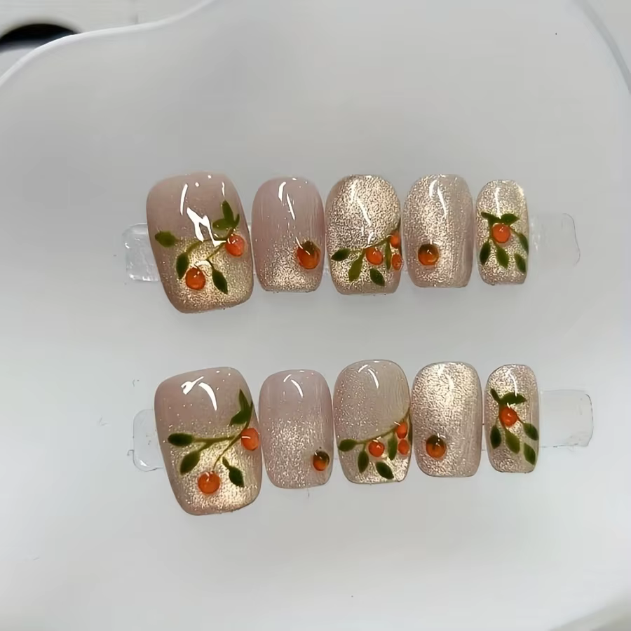 Nail art carré court pressé à la main, beaux faux ongles, nail art kaki à paillettes orange, adapté