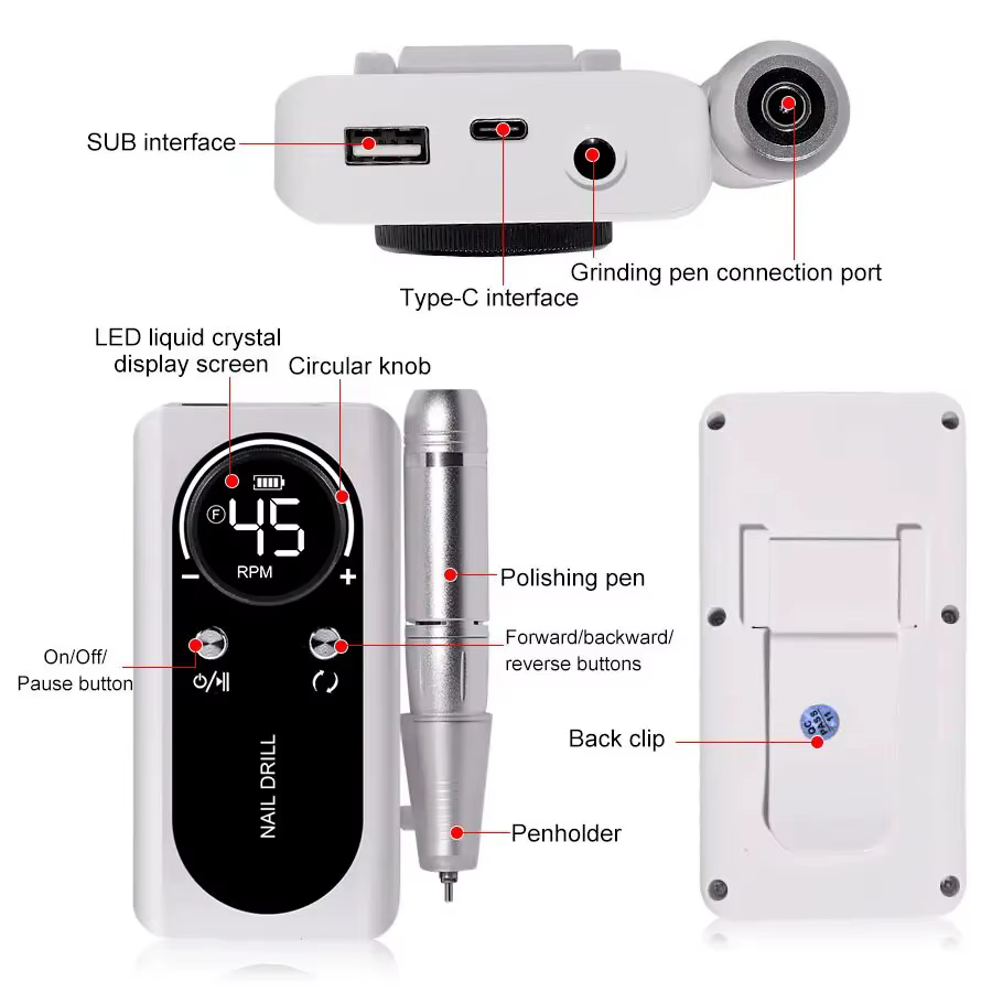 Perceuse à ongles électrique Portable professionnelle 45000 tr/min, lime de ponceuse à ongles Rechar