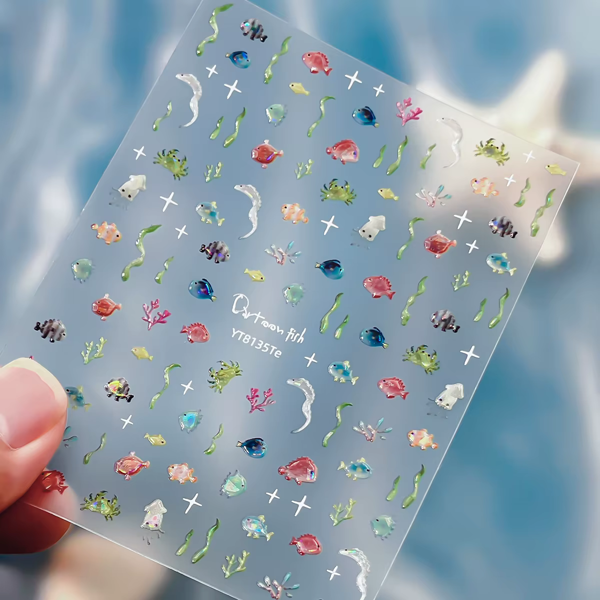 Autocollants pour ongles colorés thème Océan d'été, motifs poissons et algues mignons, décorations a
