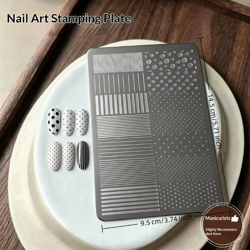 Plaques de stamping pour ongles en acier inoxydable, motifs rayures, ondulations et points, pochoir