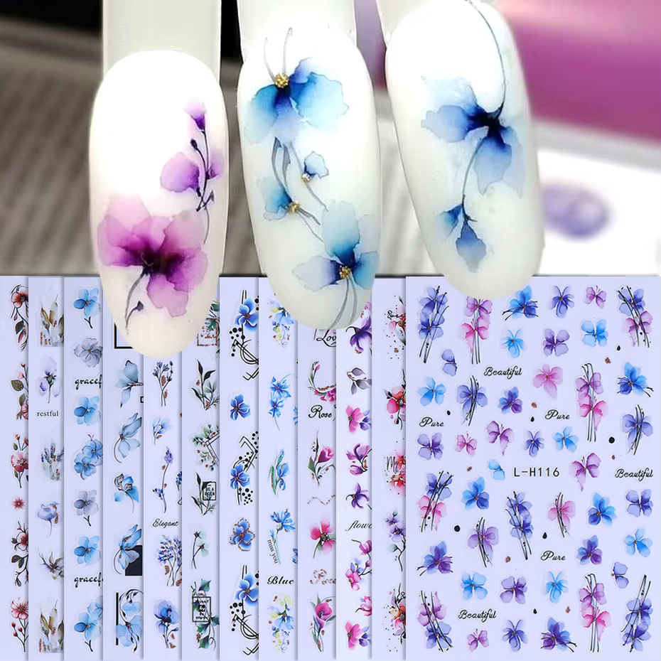 Autocollants pour ongles, 12 pièces, géométrie 3D, feuille de fleur, encre d'été, fleurs en fleurs, 