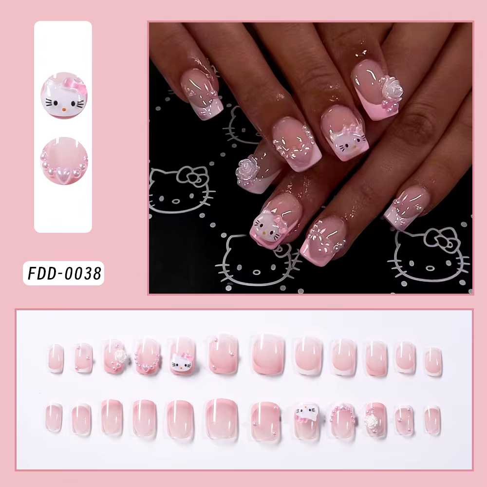 24 faux ongles courts carrés français avec motif Hello Kitty, faux ongles à couverture complète pour