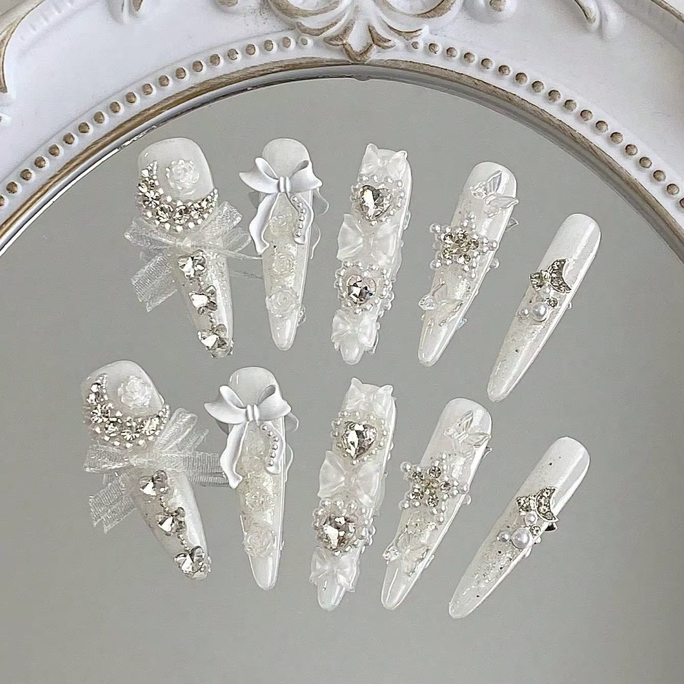 10 faux ongles longs en forme d'amande pressés à la main, magnifiques faux ongles, gaze blanche haut