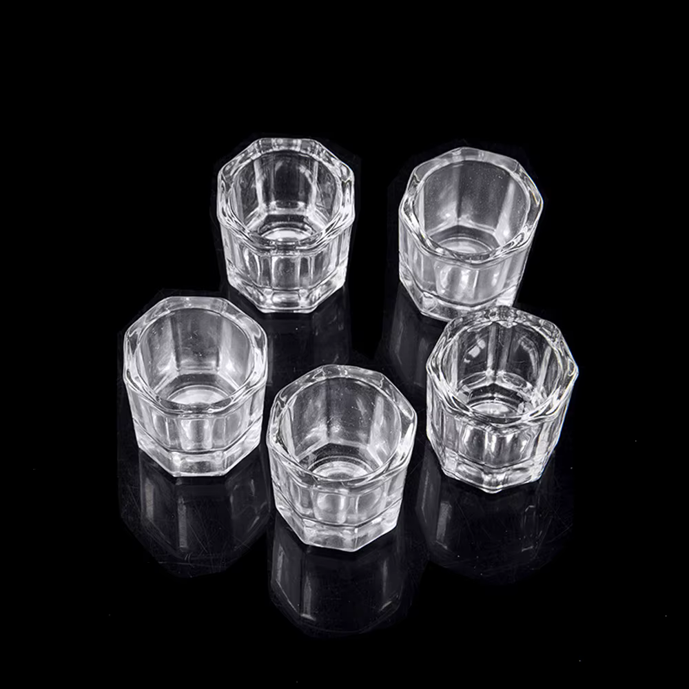 Tasse à ongles en verre de cristal, acrylique transparent, petite poudre octogonale, tasse à ongles