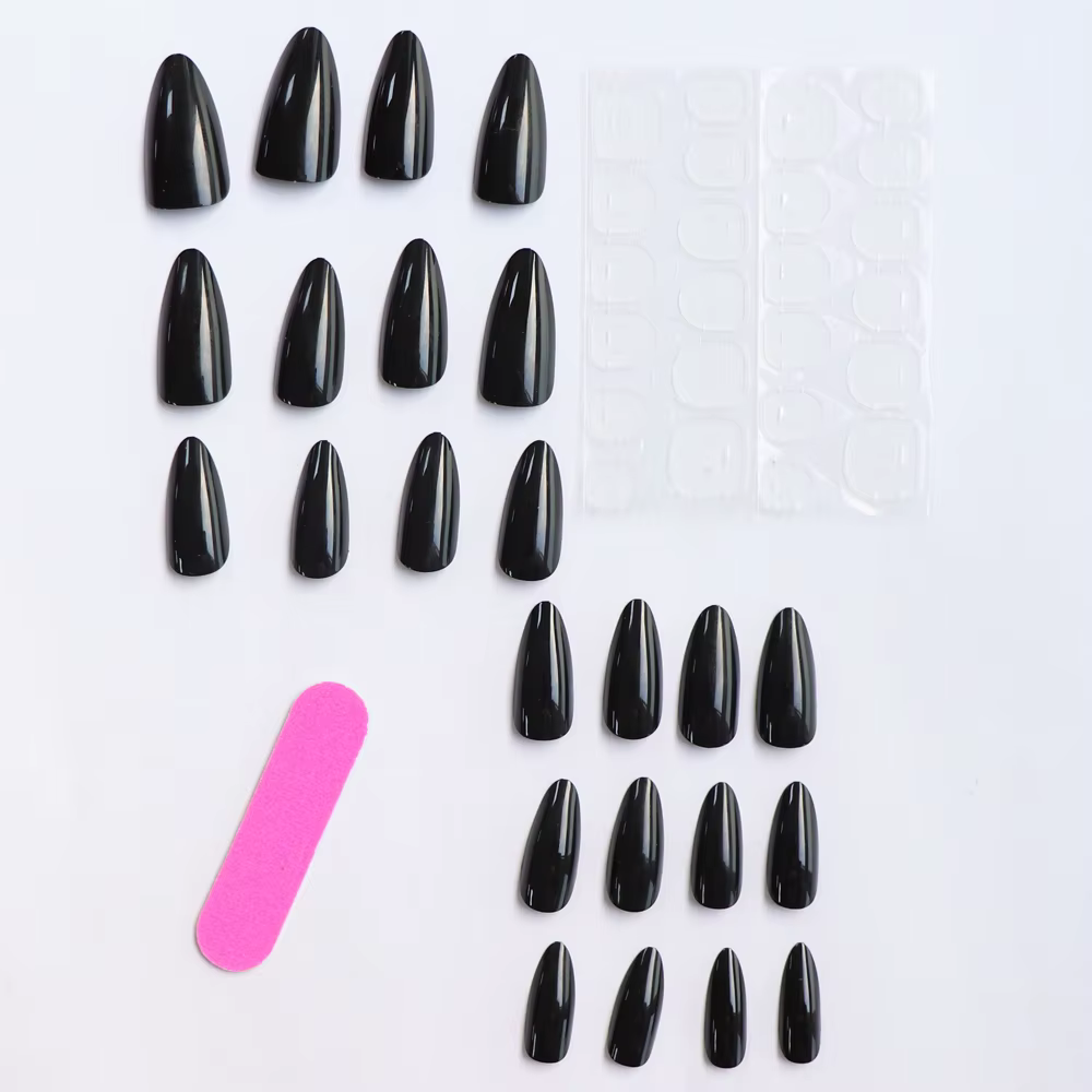 24 faux ongles artificiels en acrylique noir, tête carrée, longs femmes de Ballet, amovibles, pointe
