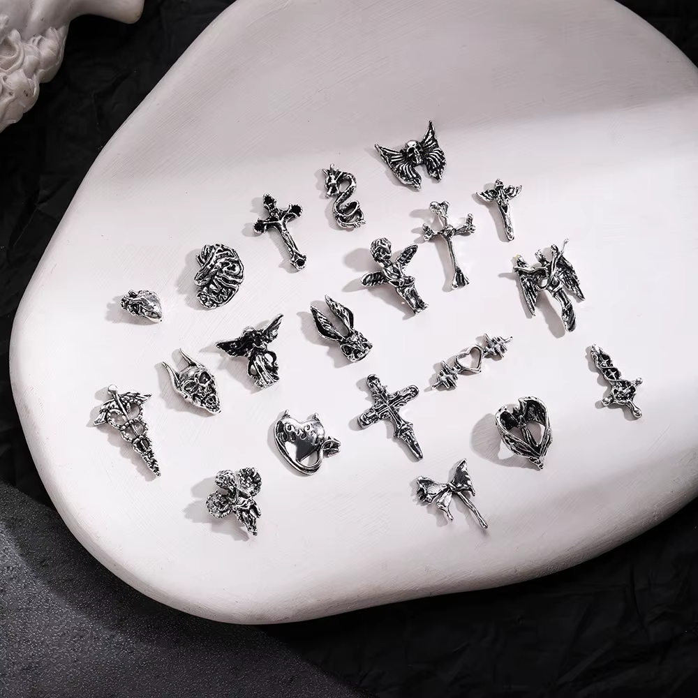 Mélange de styles pour Nail Art d'halloween, breloque croix argentée rétro 3D, décoration d'ongles p