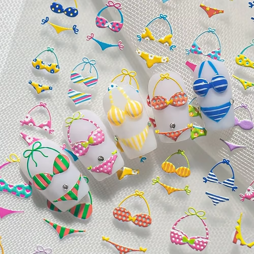Autocollants pour ongles d'été sexy pour filles, motifs colorés en relief, thème plage et bikini, po