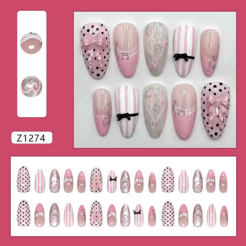 24 faux ongles roses press-on, motif nœud rose, style français amande, brillants, tendance coréenne,