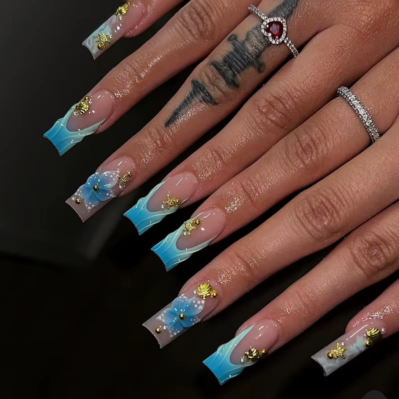 Faux ongles carrés moyens avec colle, 24 pièces, fleurs roses Blush, couverture complète, acrylique 