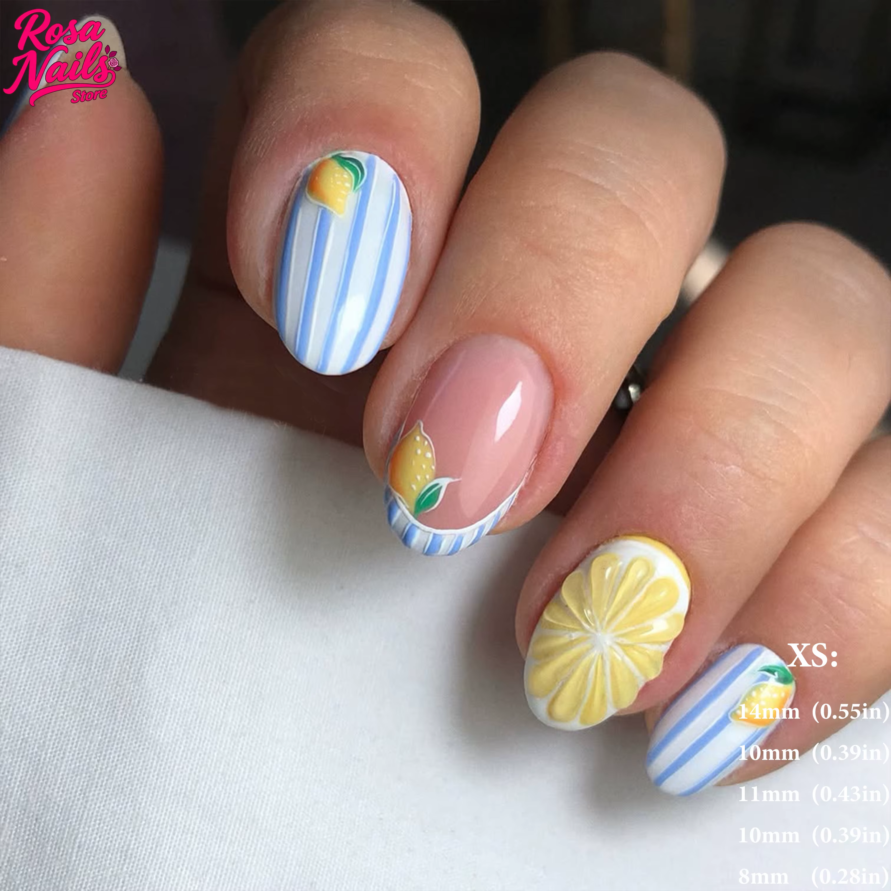 Ongles amande bleu jaune ongles 3d citron Pressons peints à la main été Press Ons grec couverture co