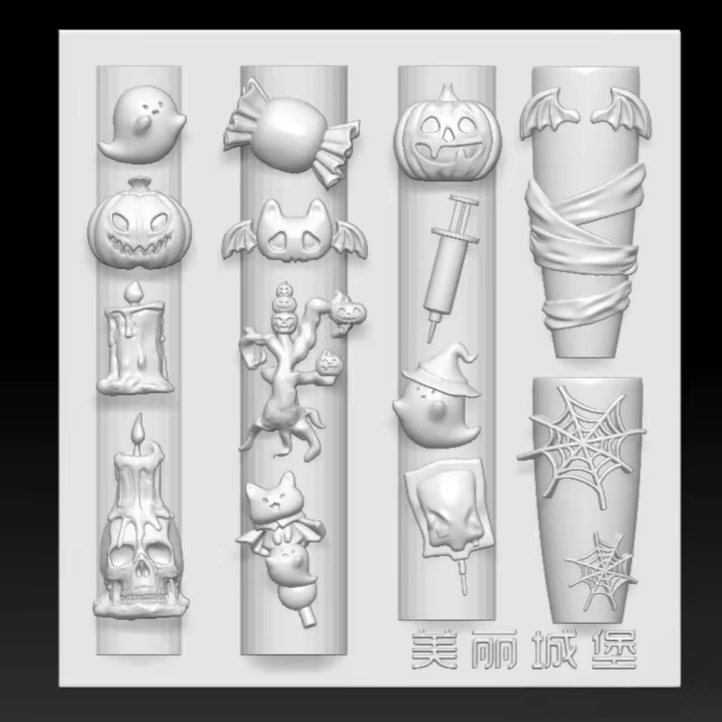 Moule à ongles 3D style Halloween sombre pour décoration de fêtes : Citrouille, Crâne, Chauve-souris