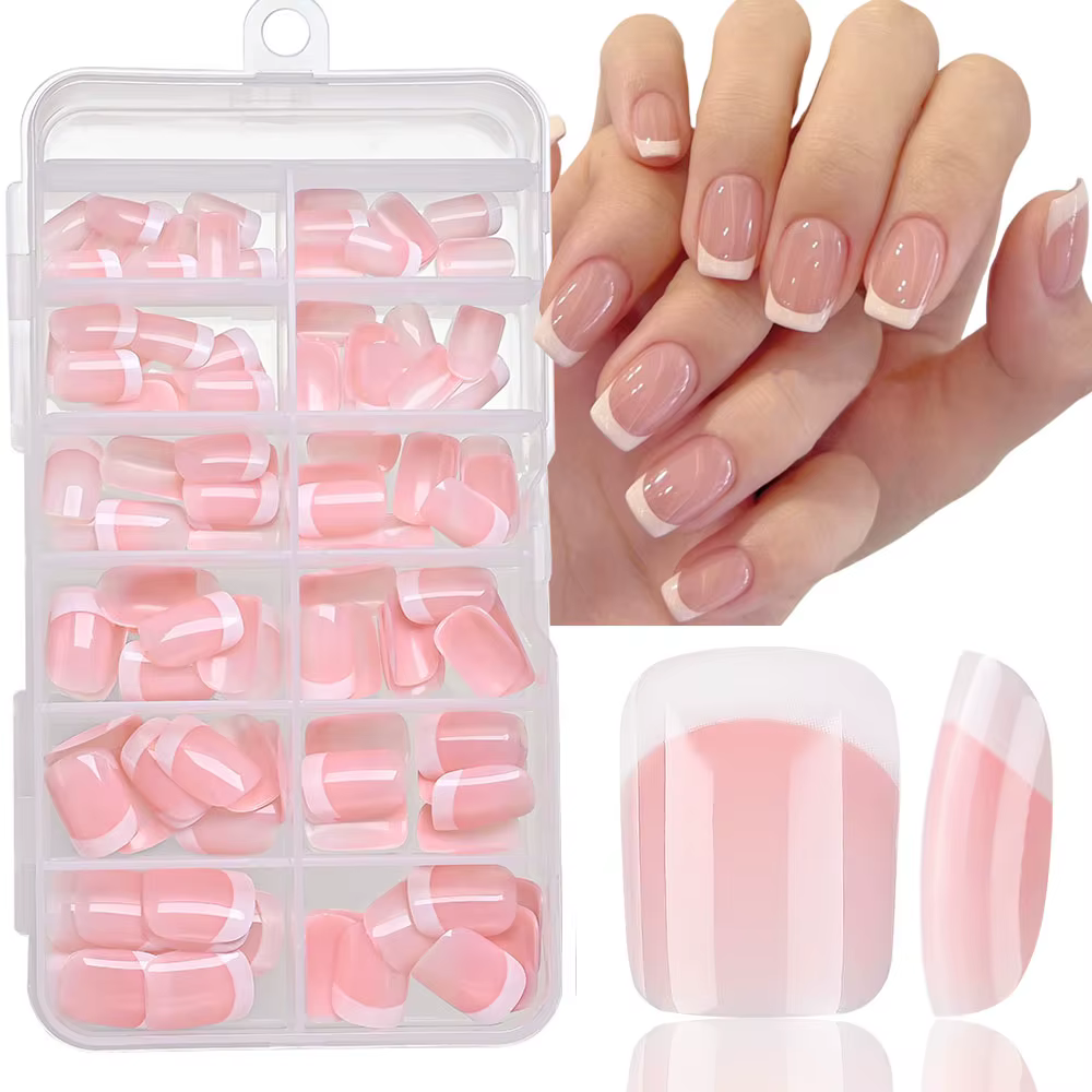 Faux ongles français à pression carrée courte rose, blanc brillant, couverture complète réutilisable
