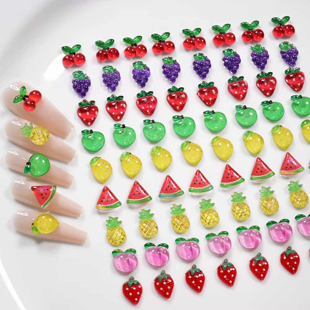Breloques pour ongles Fruits d'été 3D, 50 pièces, Mini résine pastèque/cerise/fraise/citron/pomme, d