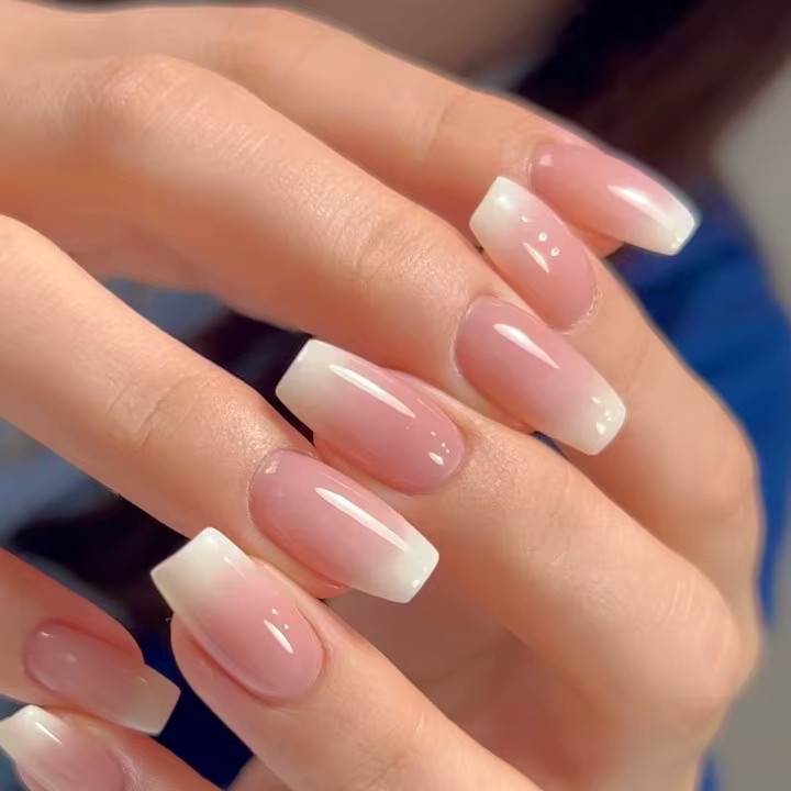 Faux ongles à tête carrée Simple, avec colle gelée, dégradé rose et blanc, presse française sur faux